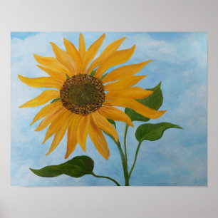 Póster Girasol con cielo azul y nubes