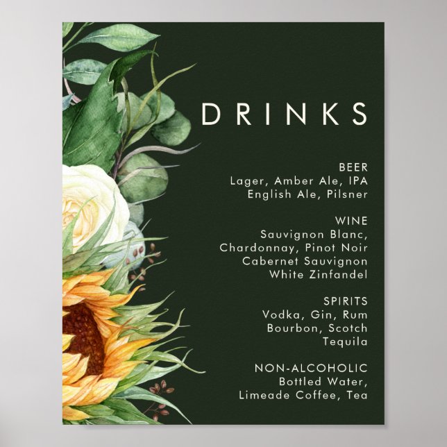 Póster Girasol de país en negrita | Bebidas de Boda verde (Frente)
