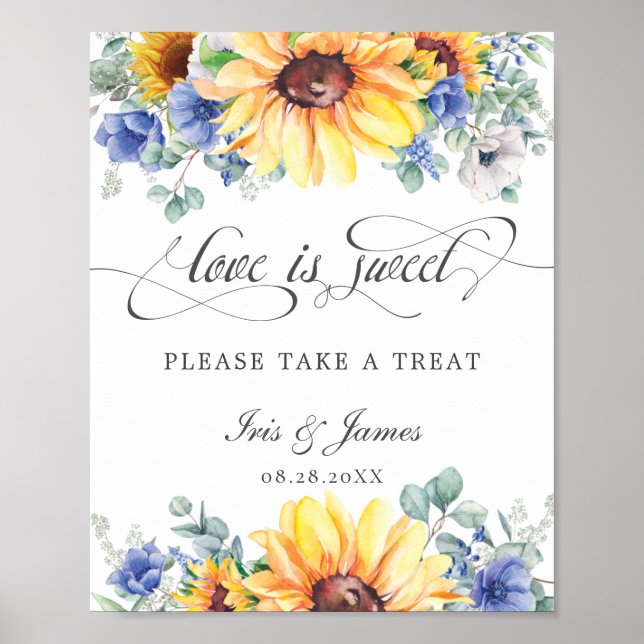 Póster Girasol Floral Azul Amor es Dulce Toma un Regalo (Frente)