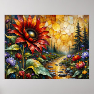 Póster Girasol rojo en el valle junto al arroyo