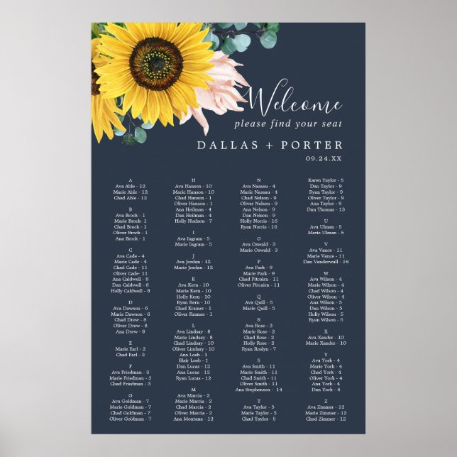 Póster Girasol ruso | Cuadro de asientos alfabéticos de l (Frente)