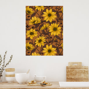 Póster Girasol silvestre, raíz de sol en amarillo y marró