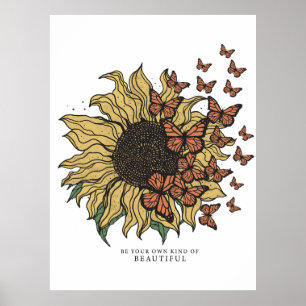 Póster Girasol Vintage Boho con Mariposas