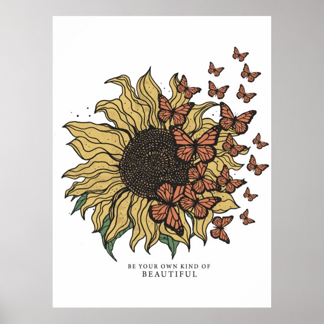 Póster Girasol Vintage Boho con Mariposas (Frente)