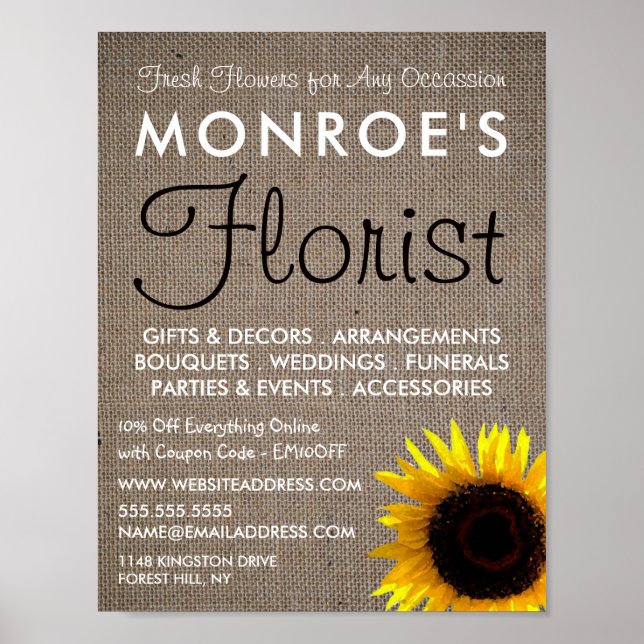 Póster Girasol y Burlap, publicidad de Floristry (Frente)