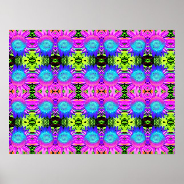 Póster Girasoles abstractos azules, flores de mandala (Frente)