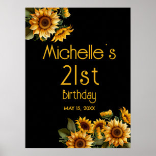 Póster Girasoles Amarillos Cumpleaños Negro 21
