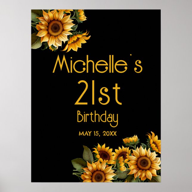 Póster Girasoles Amarillos Cumpleaños Negro 21 (Frente)