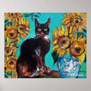 PÓSTER GIRASOLES CON GATO NEGRO EN TURQUESA AZUL