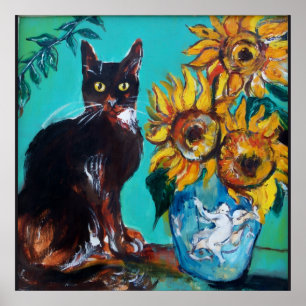 PÓSTER GIRASOLES CON GATO NEGRO EN TURQUESA AZUL