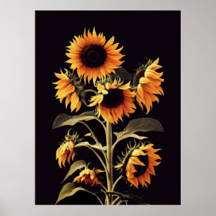 PÓSTER GIRASOLES CON HOJAS VERDES EN NEGRO