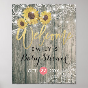 Póster Girasoles de Madera Rústica Bienvenida al Baby Sho