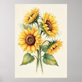 Póster Girasoles Elegantes Acuarela Minimalista