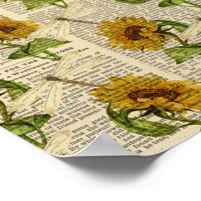 Póster Girasoles Libélulas Antiguo Periódico Estilo Campe (Esquina)