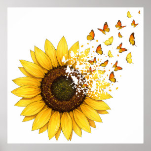 Póster Girasoles Mariposas