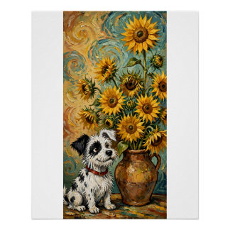 Póster Girasoles Perro Junto al Jarrón Arte