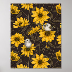 Póster girasoles silvestres y pájaros dorados/ amarillo