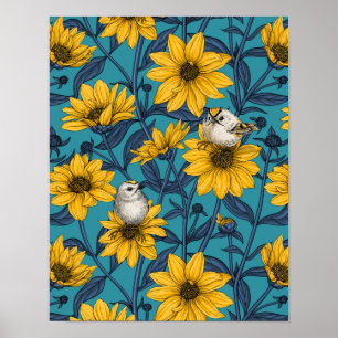 Póster girasoles silvestres y pájaros dorados/ amarillo