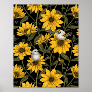 Póster girasoles silvestres y pájaros dorados/ amarillos 