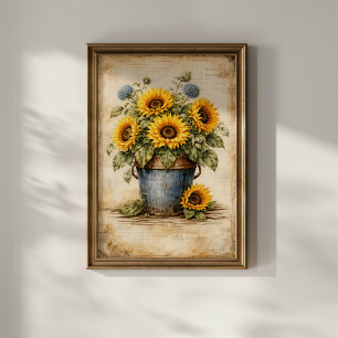 Póster Girasoles Vintage en Cubeta Rústica