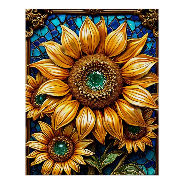 Póster Girasoles y elementos de marco decorativo (Anverso)