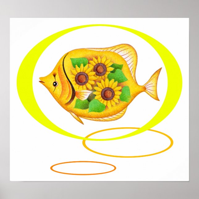 Póster Girasoles y peces tropicales. (Frente)