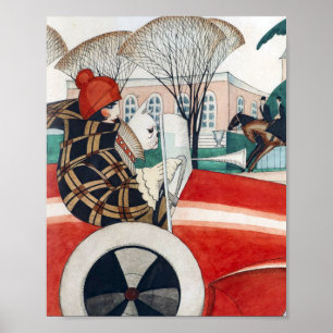Póster Girl and a Pug Dog in a Red Automobile