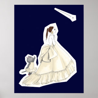 Póster Girl and Cat in White Dresses Watching Shooting St
