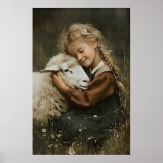 Póster Girl Hugs A Sheep Print, Whimsical Farm Nursery