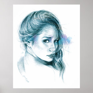 Póster Girl portrait pencil drawing art Blue