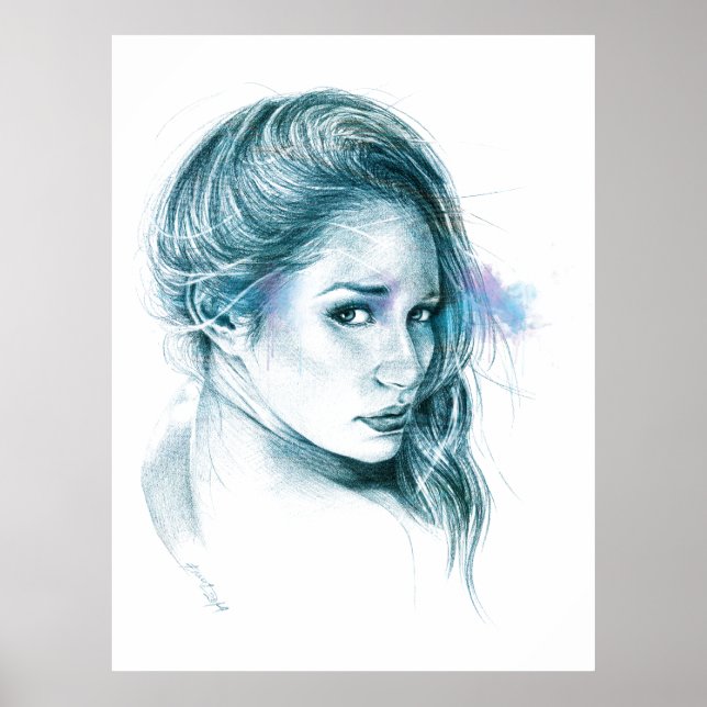 Póster Girl portrait pencil drawing art Blue (Frente)