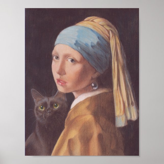 Póster Girl with a Pearl Earring and cat Johannes Vermeer (Frente)