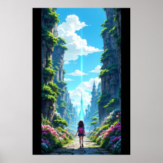 Póster Girl with backpack walking towards fantasy crystal