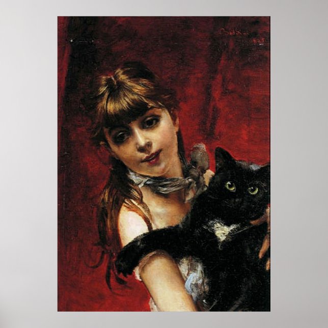 Póster Girl With Black Cat - Reproduction Art Poster (Frente)