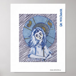 Póster Girl with Parasol, blue ink portrait on white pape