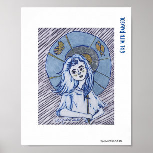Póster Girl with Parasol, blue ink portrait on white pape