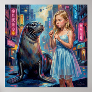 Póster Girl with Seal in Hyperrealistic Neo-Impressionist