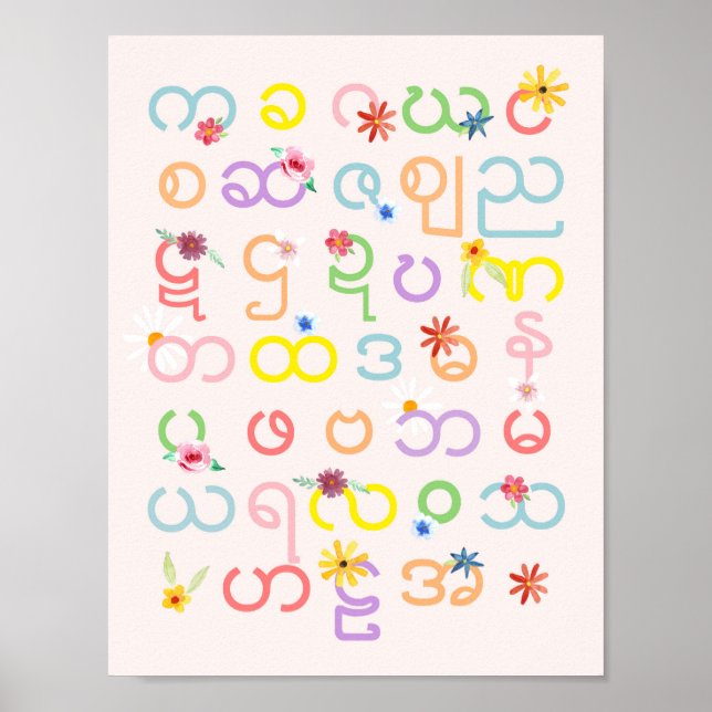 Póster Girls Beautiful Burmese Alphabet Floral Myanmar (Frente)