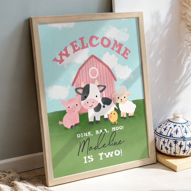 Póster Girls Pink Farm Animal 2nd Birthday Welcome  (Subido por el creador)