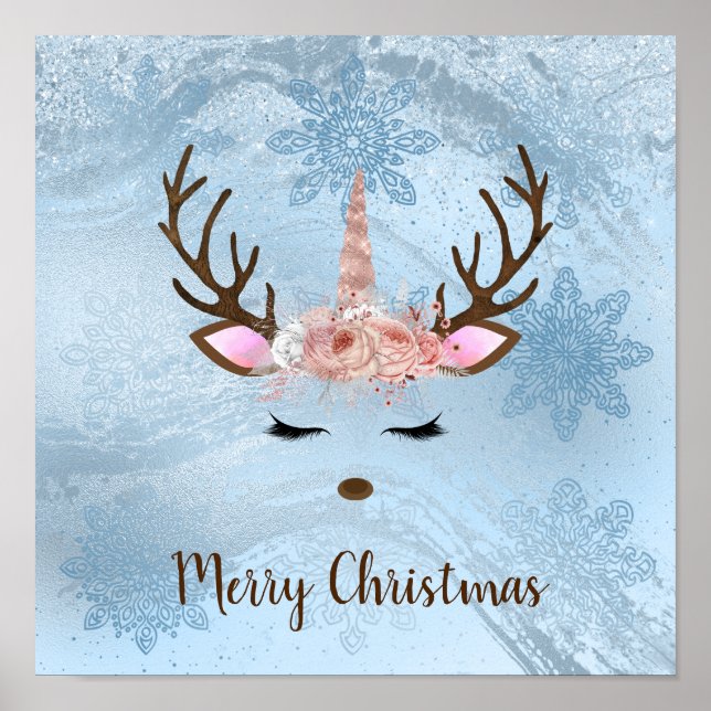 Póster Girly baby blue marble unicorn reindeer snowflakes (Frente)