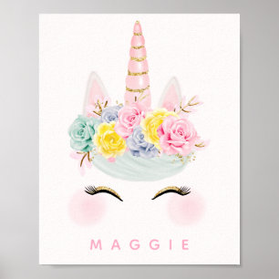 Póster Girly Floral Unicorn Pink Gold Personalized