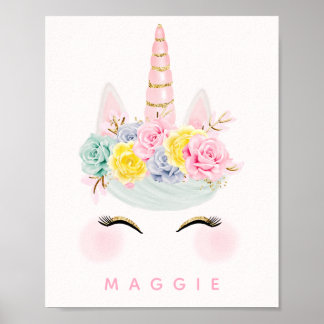 Póster Girly Floral Unicorn Pink Gold Personalized