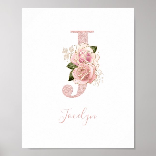 Póster Girly Pale Rosa Gold Purpurina Floral Monograma J (Frente)