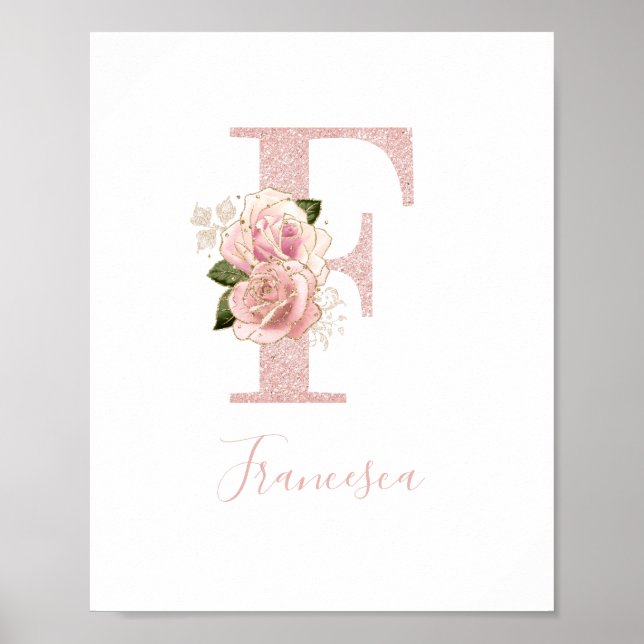 Póster Girly Pale Rosa Purpurina de oro Monograma F (Frente)