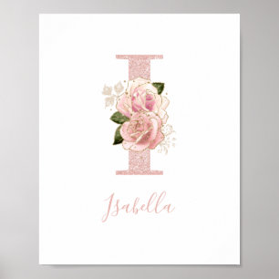 Póster Girly Pale Rose Gold Glitter Floral Monogram I