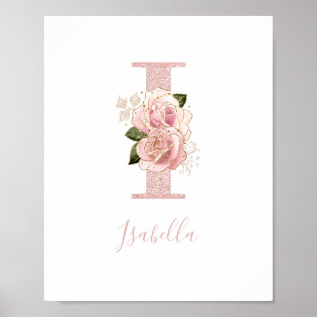 Póster Girly Pale Rose Gold Glitter Floral Monogram I (Frente)