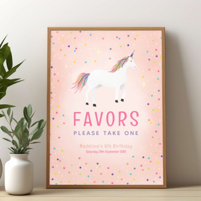 Póster Girly Rainbow Unicorn Birthday Favor Sign (Subido por el creador)