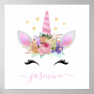 Póster Girly Unicorn Pink Floral Script Name