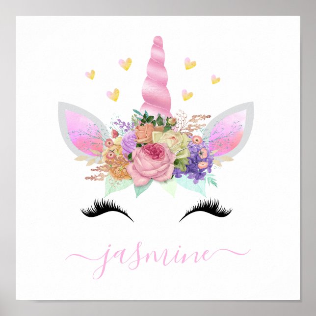 Póster Girly Unicorn Pink Floral Script Name (Frente)
