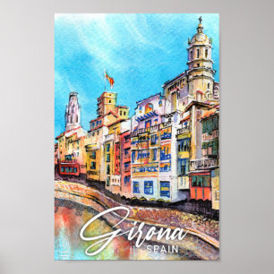 Póster Girona España Viaje de pintura acuática